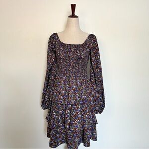 Floral smocked waist knee length dress with puffy sleeves size medium